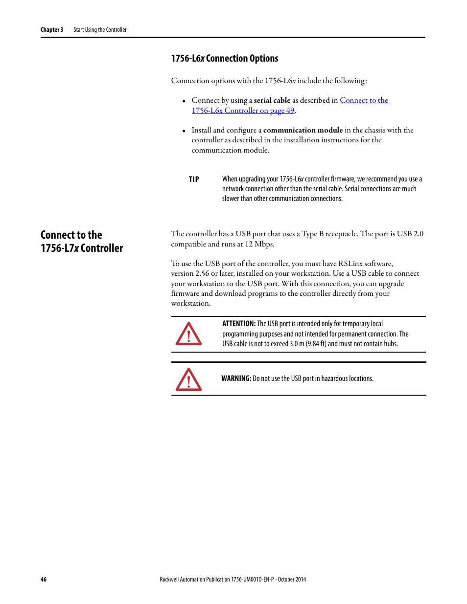 1756-l6x connection options, Connect to the 1756-l7x controller, Connect to the | Rockwell Automation 1756-L6x_L7x ControlLogix System User Manual User Manual | Page 46 / 212