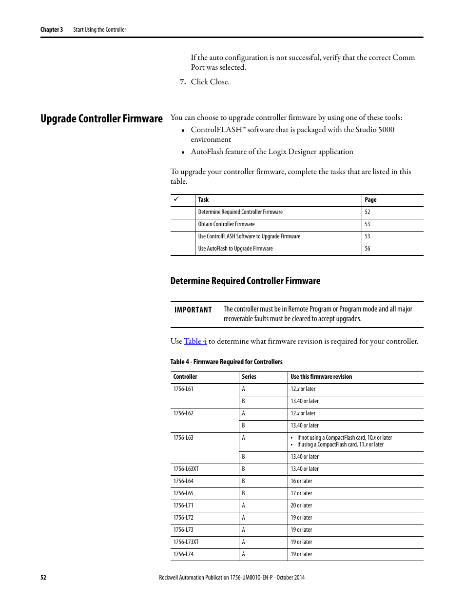 Upgrade controller firmware, Determine required controller firmware | Rockwell Automation 1756-L6x_L7x ControlLogix System User Manual User Manual | Page 52 / 212