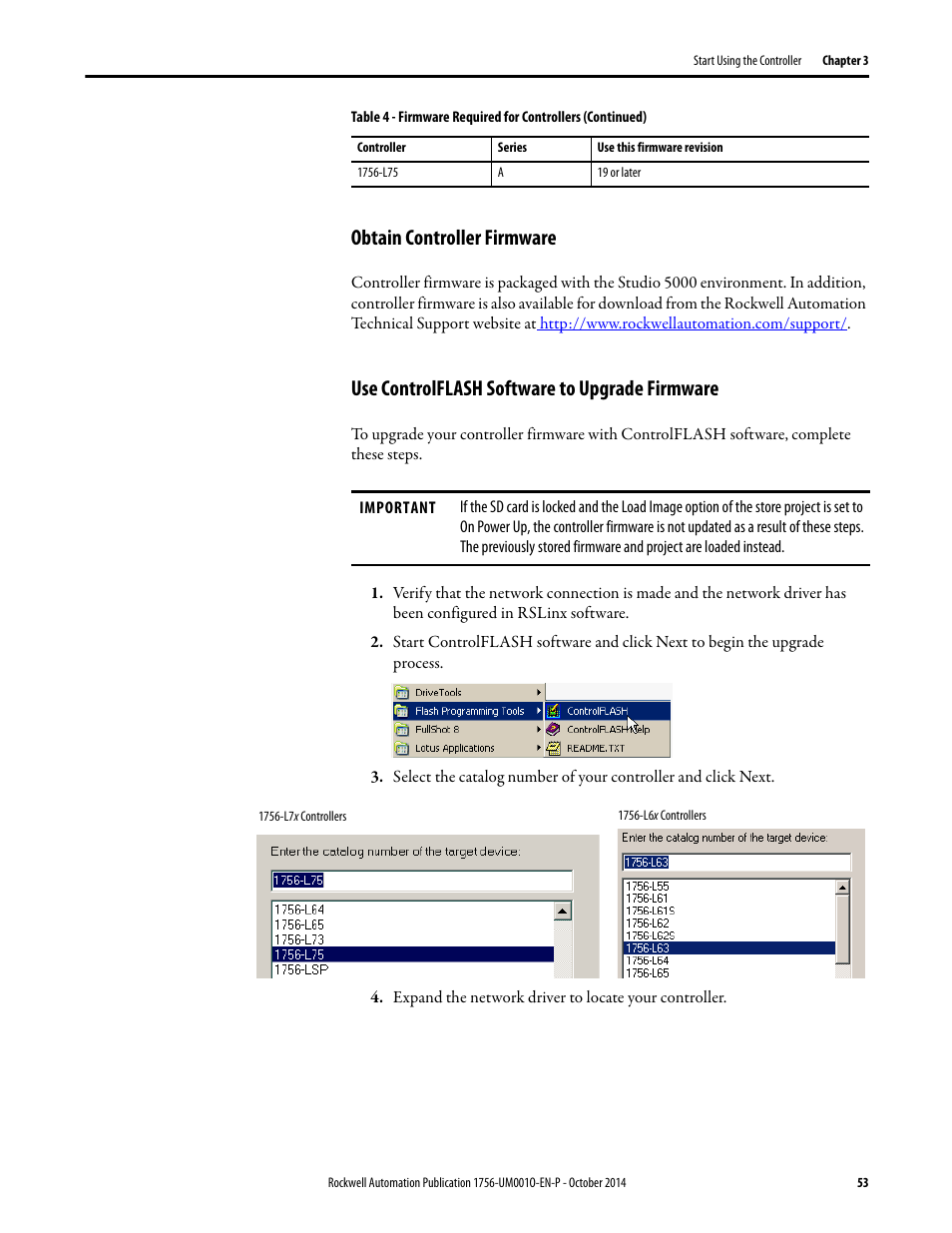 Obtain controller firmware, Use controlflash software to upgrade firmware | Rockwell Automation 1756-L6x_L7x ControlLogix System User Manual User Manual | Page 53 / 212