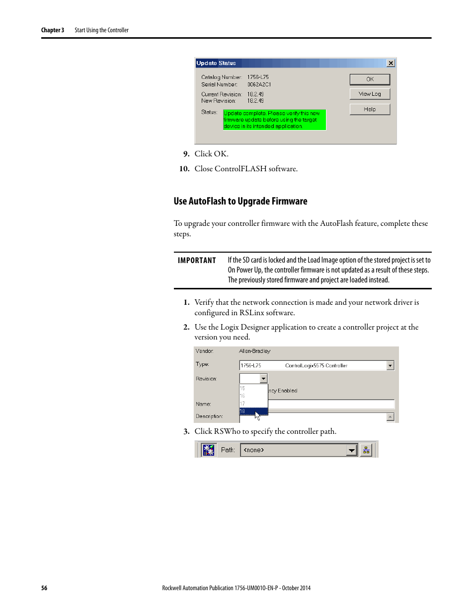 Use autoflash to upgrade firmware | Rockwell Automation 1756-L6x_L7x ControlLogix System User Manual User Manual | Page 56 / 212