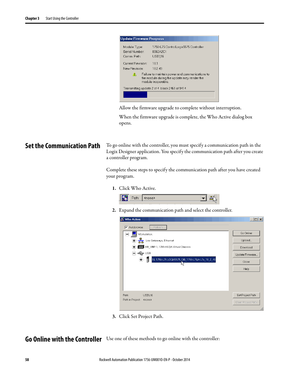 Set the communication path, Go online with the controller | Rockwell Automation 1756-L6x_L7x ControlLogix System User Manual User Manual | Page 58 / 212