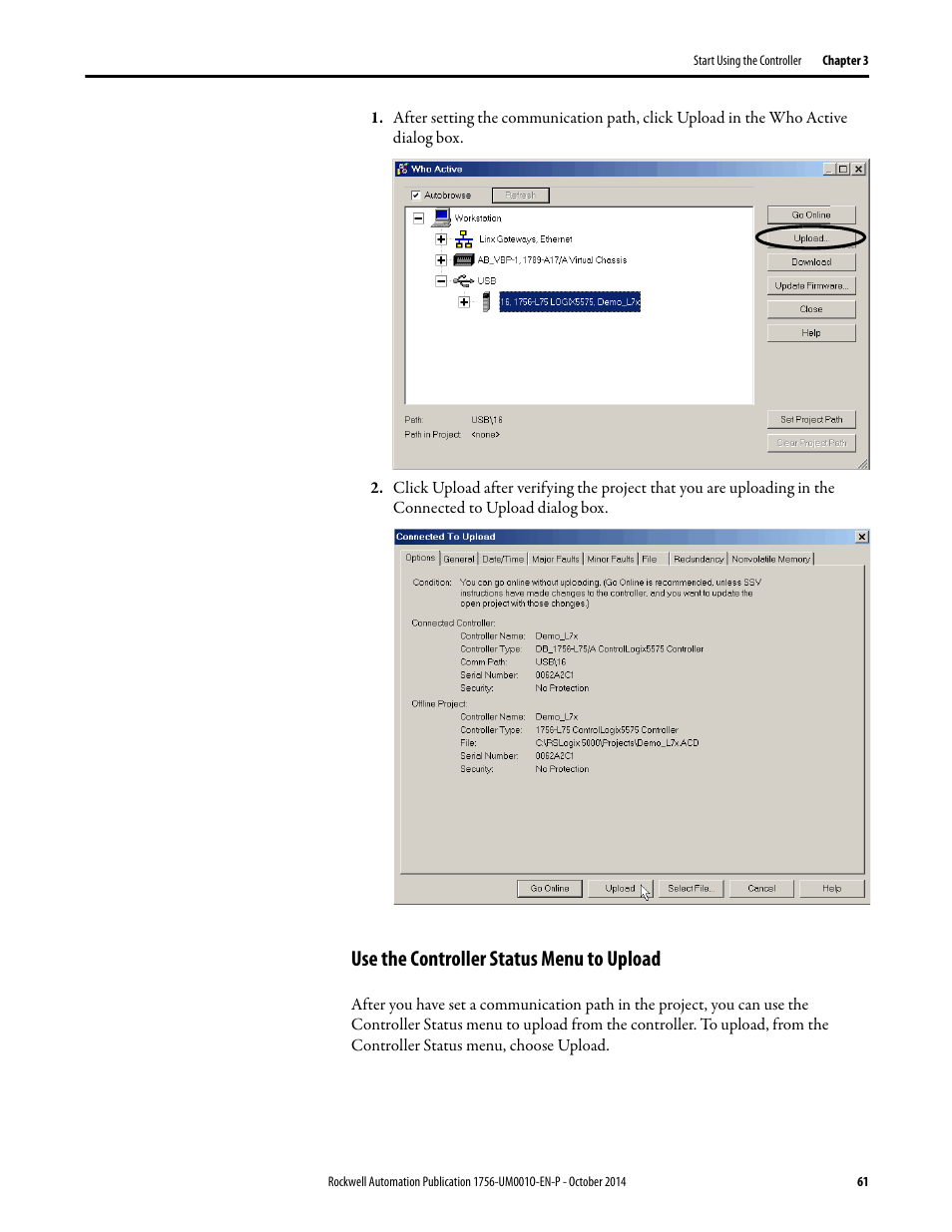 Use the controller status menu to upload | Rockwell Automation 1756-L6x_L7x ControlLogix System User Manual User Manual | Page 61 / 212