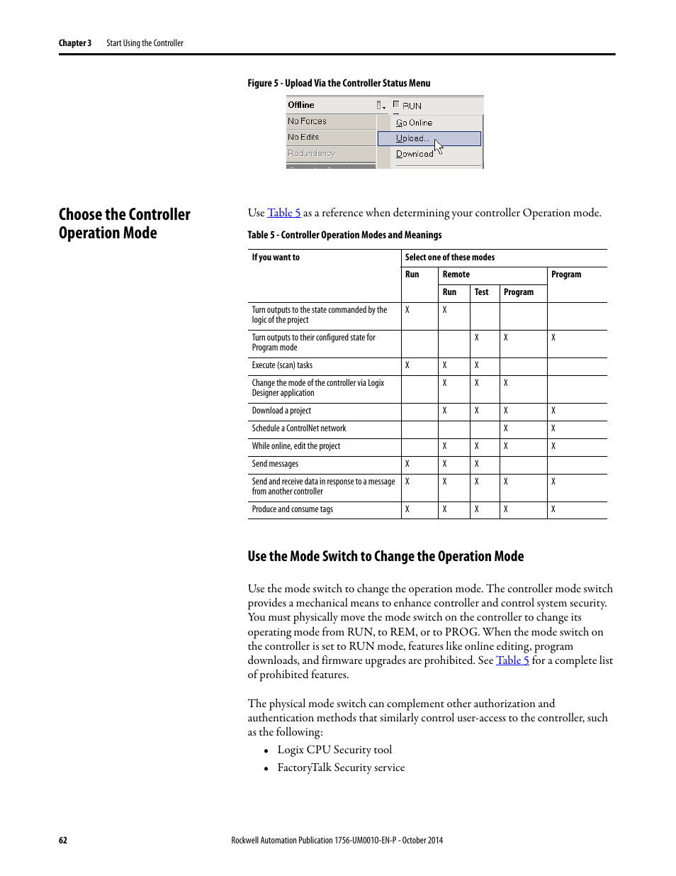 Choose the controller operation mode, Use the mode switch to change the operation mode | Rockwell Automation 1756-L6x_L7x ControlLogix System User Manual User Manual | Page 62 / 212