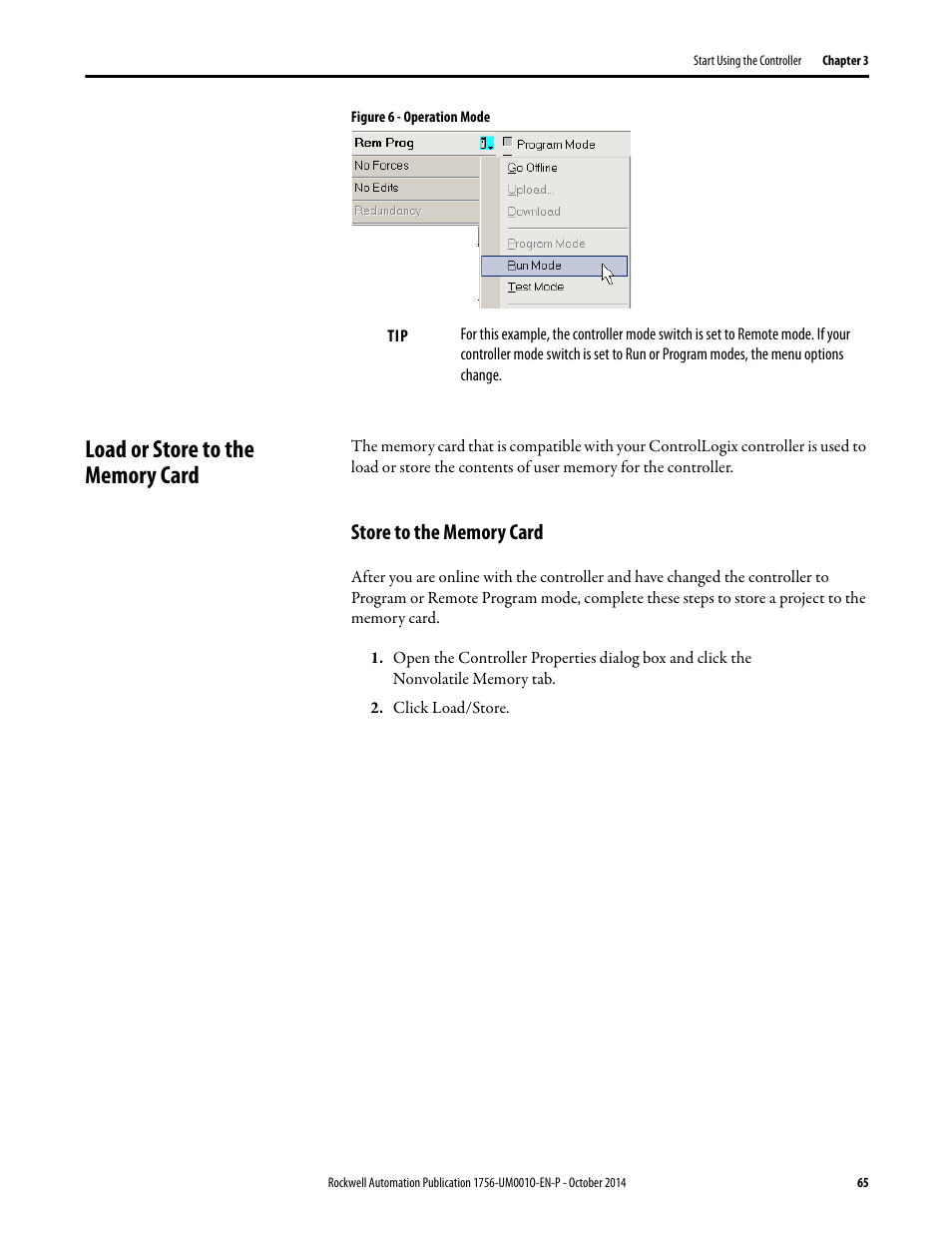 Load or store to the memory card, Store to the memory card | Rockwell Automation 1756-L6x_L7x ControlLogix System User Manual User Manual | Page 65 / 212