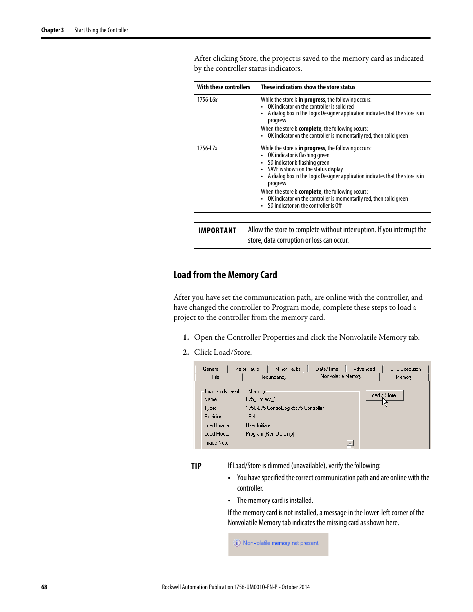 Load from the memory card | Rockwell Automation 1756-L6x_L7x ControlLogix System User Manual User Manual | Page 68 / 212