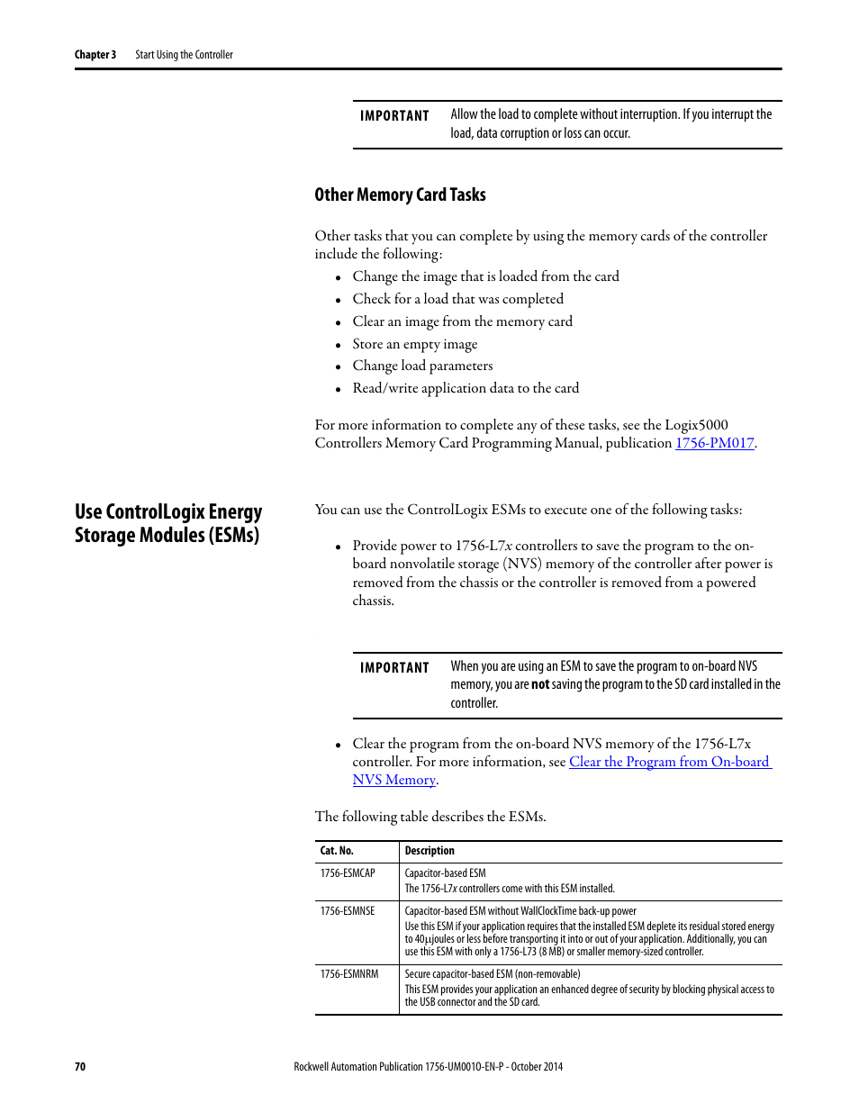 Other memory card tasks, Use controllogix energy storage modules (esms) | Rockwell Automation 1756-L6x_L7x ControlLogix System User Manual User Manual | Page 70 / 212