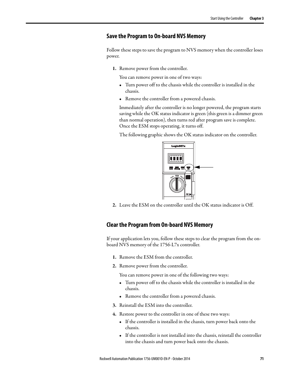 Save the program to on-board nvs memory, Clear the program from on-board nvs memory | Rockwell Automation 1756-L6x_L7x ControlLogix System User Manual User Manual | Page 71 / 212