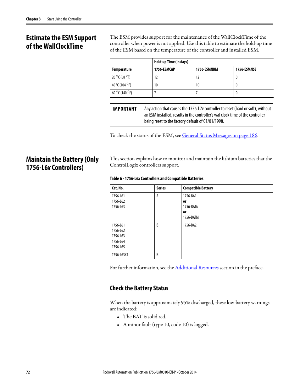 Estimate the esm support of the wallclocktime, Maintain the battery (only 1756-l6x controllers), Check the battery status | And st | Rockwell Automation 1756-L6x_L7x ControlLogix System User Manual User Manual | Page 72 / 212