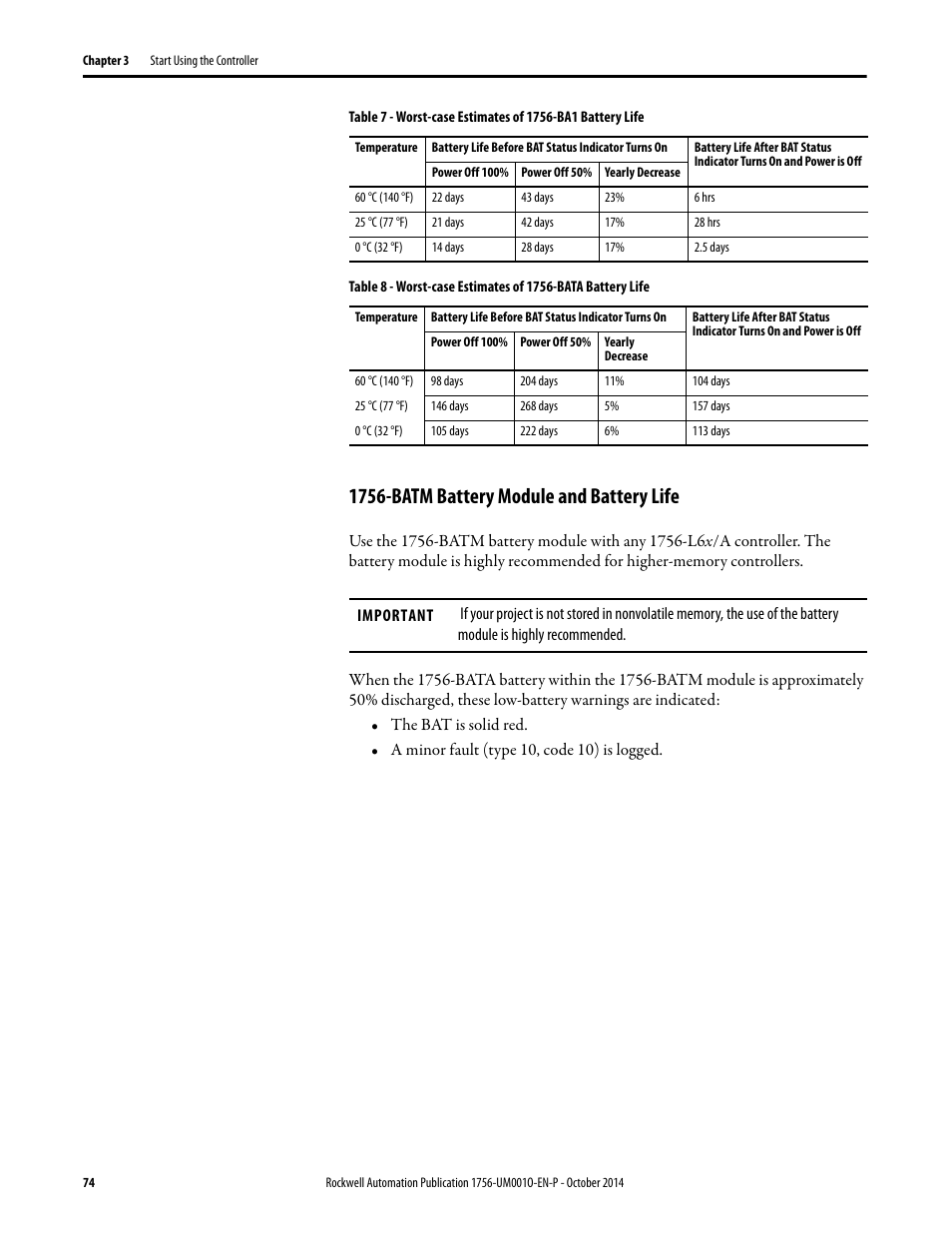 1756-batm battery module and battery life | Rockwell Automation 1756-L6x_L7x ControlLogix System User Manual User Manual | Page 74 / 212