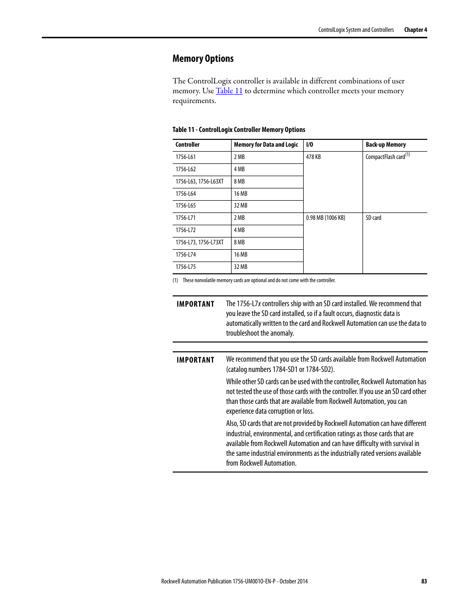 Memory options | Rockwell Automation 1756-L6x_L7x ControlLogix System User Manual User Manual | Page 83 / 212