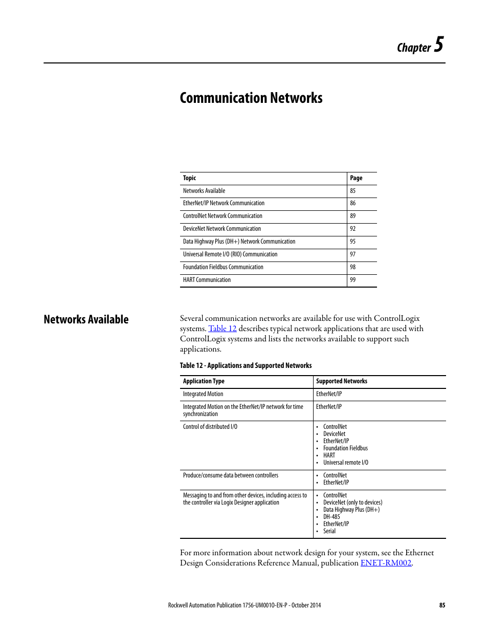 5 - communication networks, Networks available, Chapter 5 | Communication networks, Chapter | Rockwell Automation 1756-L6x_L7x ControlLogix System User Manual User Manual | Page 85 / 212