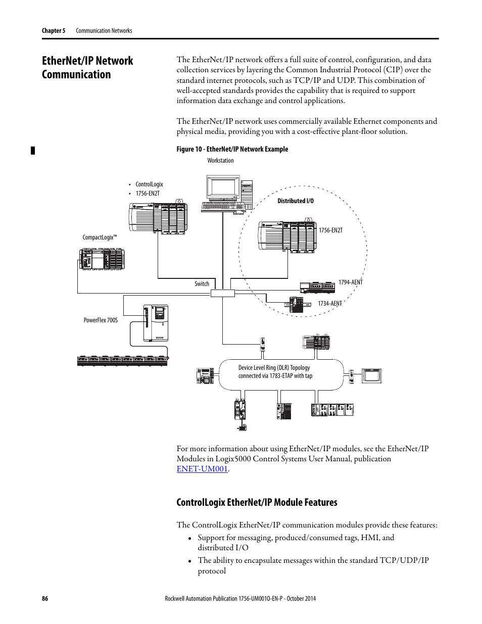 Ethernet/ip network communication, Controllogix ethernet/ip module features | Rockwell Automation 1756-L6x_L7x ControlLogix System User Manual User Manual | Page 86 / 212