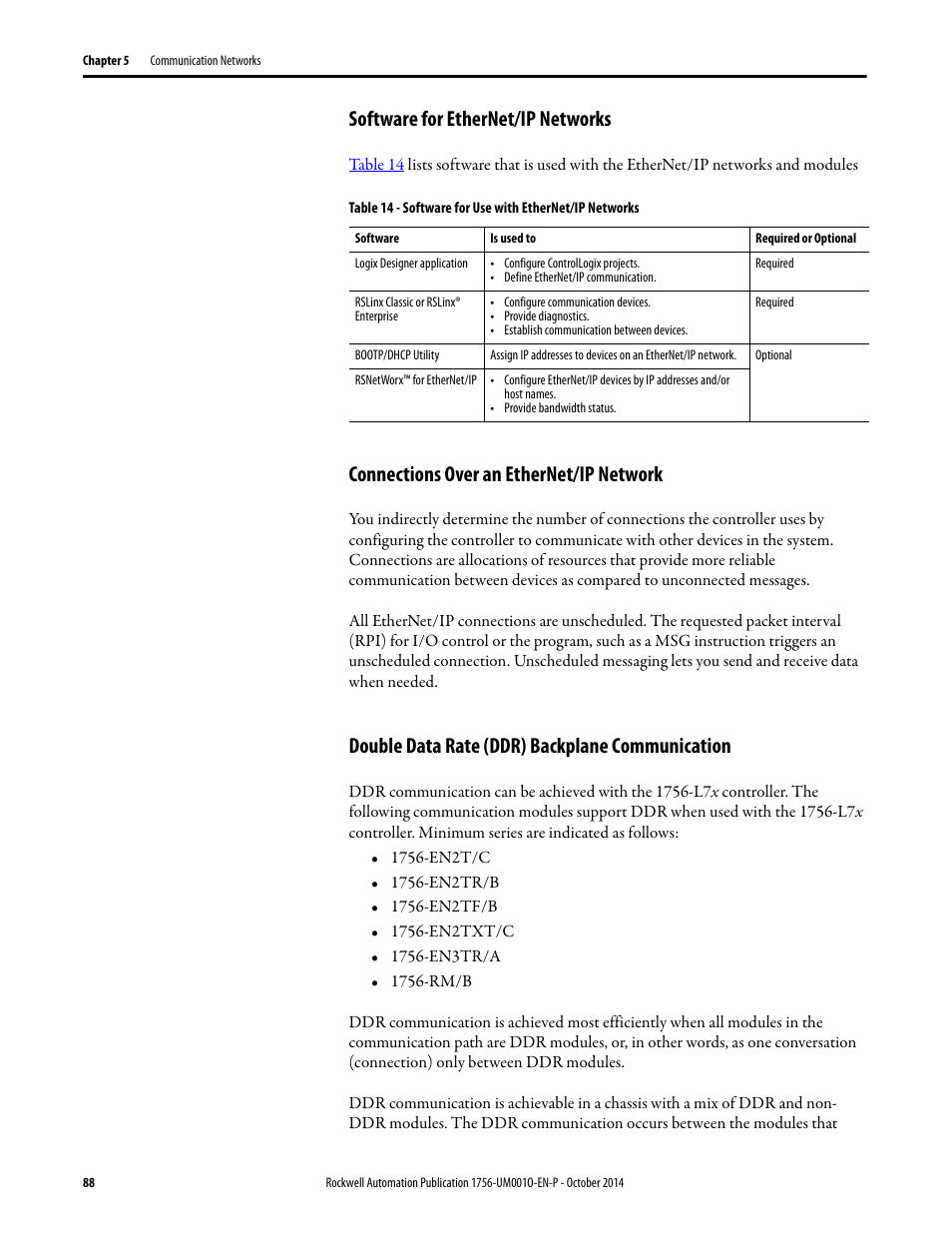 Software for ethernet/ip networks, Connections over an ethernet/ip network, Double data rate (ddr) backplane communication | Rockwell Automation 1756-L6x_L7x ControlLogix System User Manual User Manual | Page 88 / 212