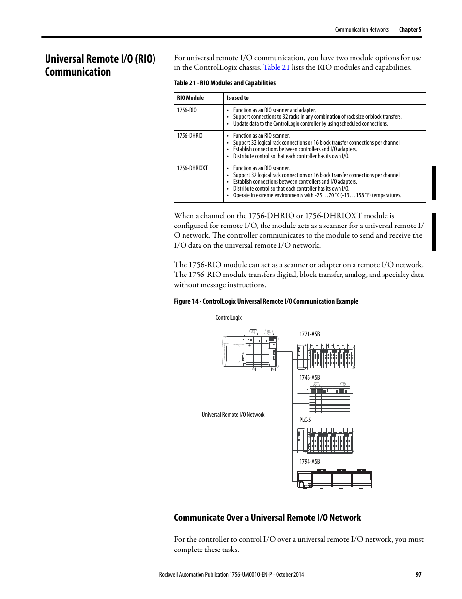 Universal remote i/o (rio) communication, Communicate over a universal remote i/o network | Rockwell Automation 1756-L6x_L7x ControlLogix System User Manual User Manual | Page 97 / 212