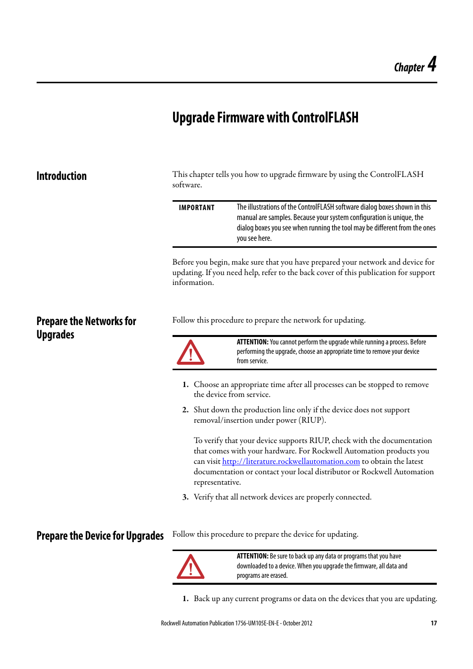 Upgrade firmware with controlflash, Introduction, Prepare the networks for upgrades | Prepare the device for upgrades, Chapter | Rockwell Automation ControlFLASH Firmware Upgrade Kit User Manual User Manual | Page 17 / 50