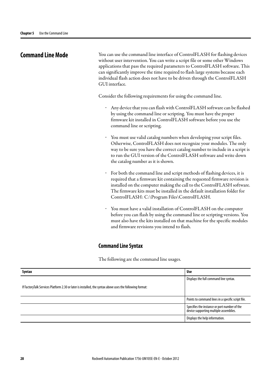 Command line mode, Command line syntax | Rockwell Automation ControlFLASH Firmware Upgrade Kit User Manual User Manual | Page 28 / 50