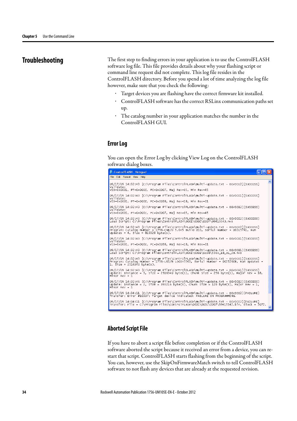 Troubleshooting, Error log, Aborted script file | Error log aborted script file | Rockwell Automation ControlFLASH Firmware Upgrade Kit User Manual User Manual | Page 34 / 50