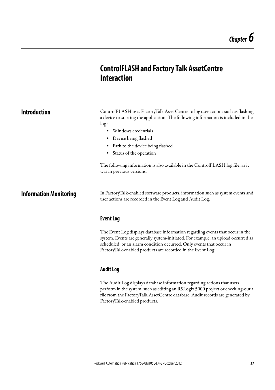 Introduction, Information monitoring, Event log | Audit log, Introduction information monitoring, Event log audit log | Rockwell Automation ControlFLASH Firmware Upgrade Kit User Manual User Manual | Page 37 / 50