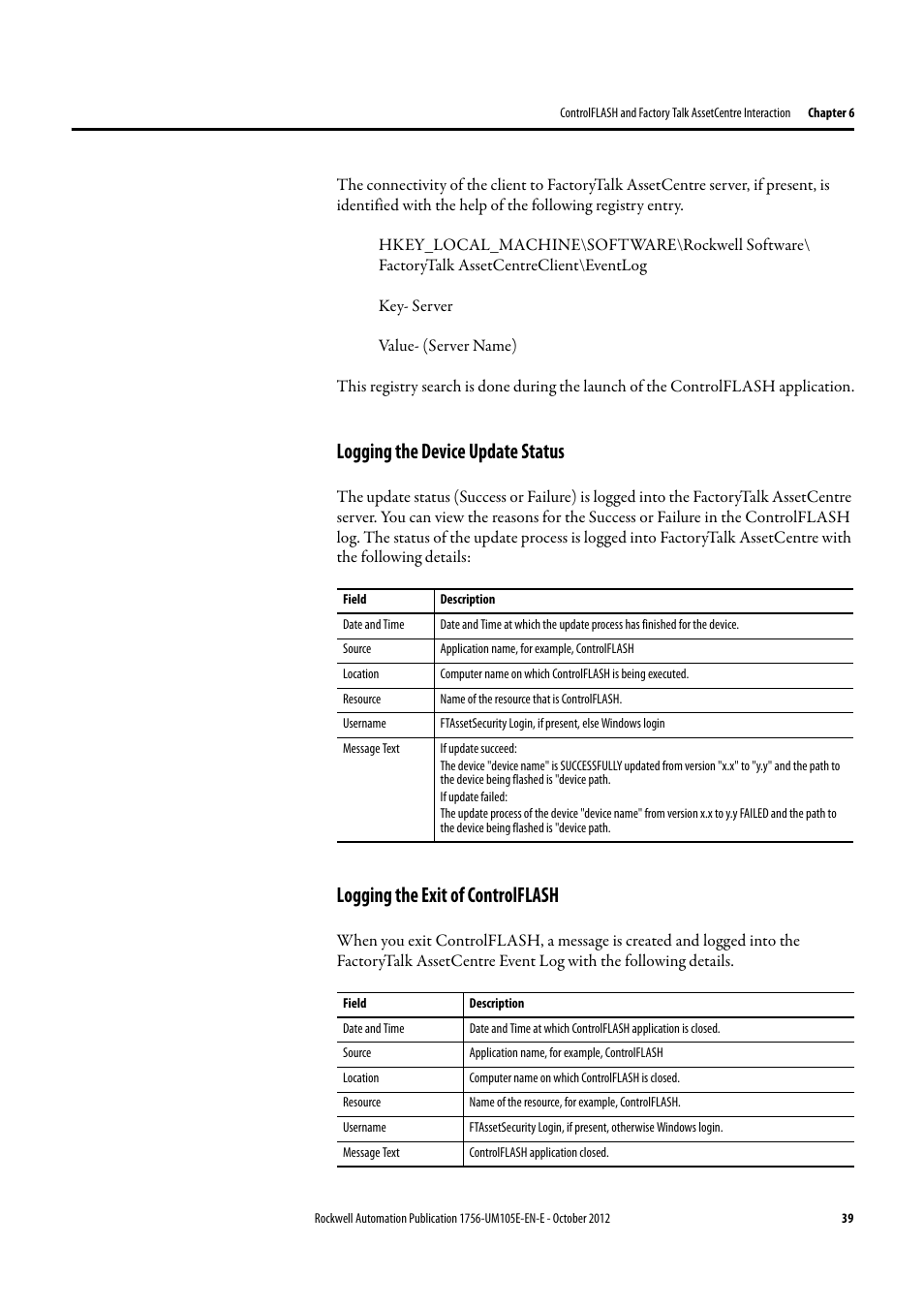 Logging the device update status, Logging the exit of controlflash | Rockwell Automation ControlFLASH Firmware Upgrade Kit User Manual User Manual | Page 39 / 50