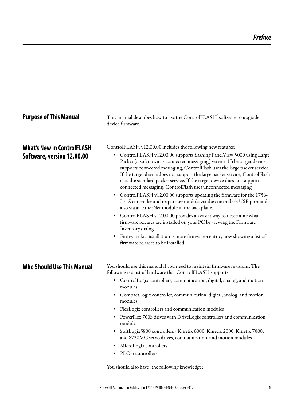 Preface, Purpose of this manual, Who should use this manual | Rockwell Automation ControlFLASH Firmware Upgrade Kit User Manual User Manual | Page 5 / 50