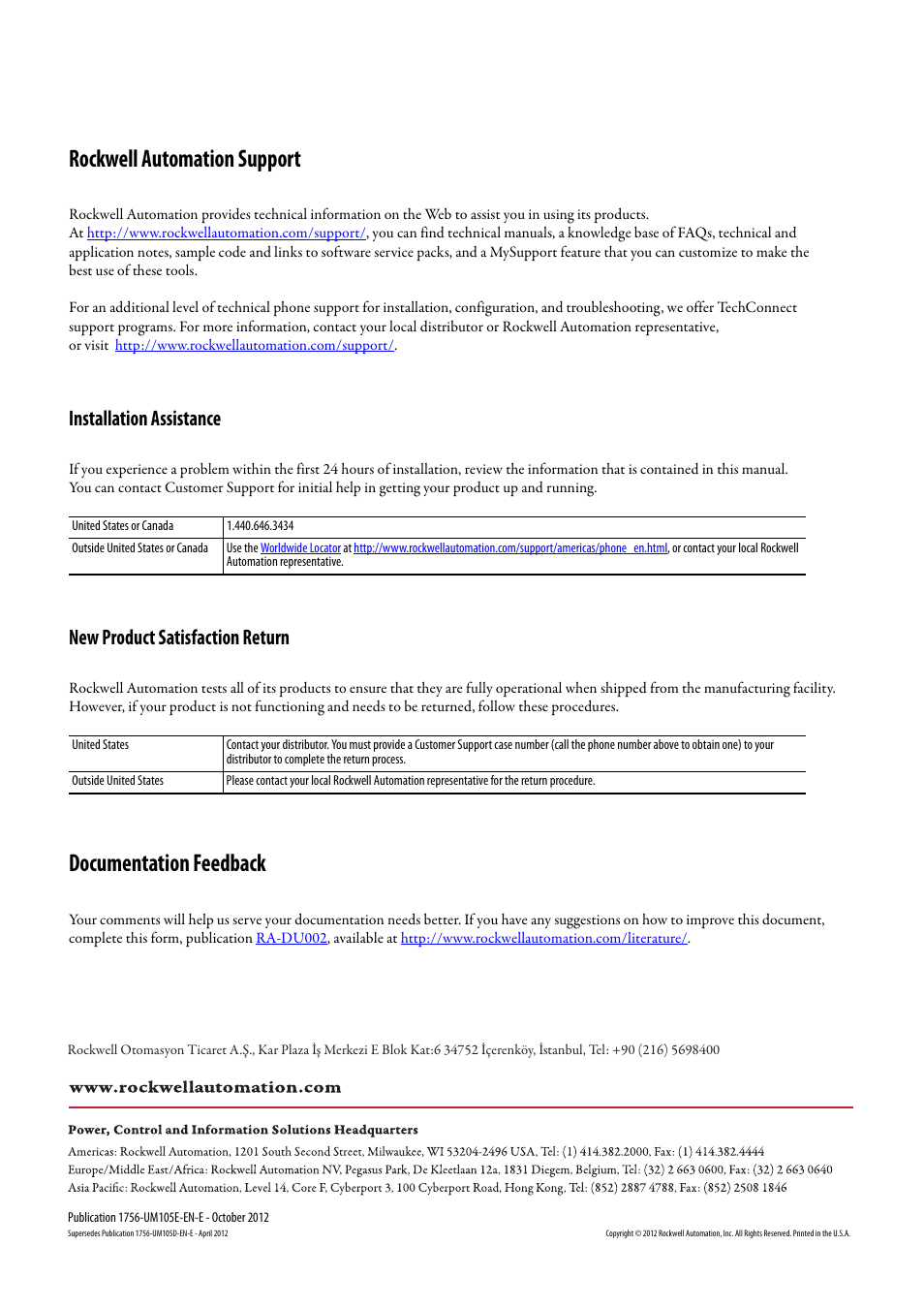 Back cover, Rockwell automation support, Documentation feedback | Installation assistance, New product satisfaction return | Rockwell Automation ControlFLASH Firmware Upgrade Kit User Manual User Manual | Page 50 / 50