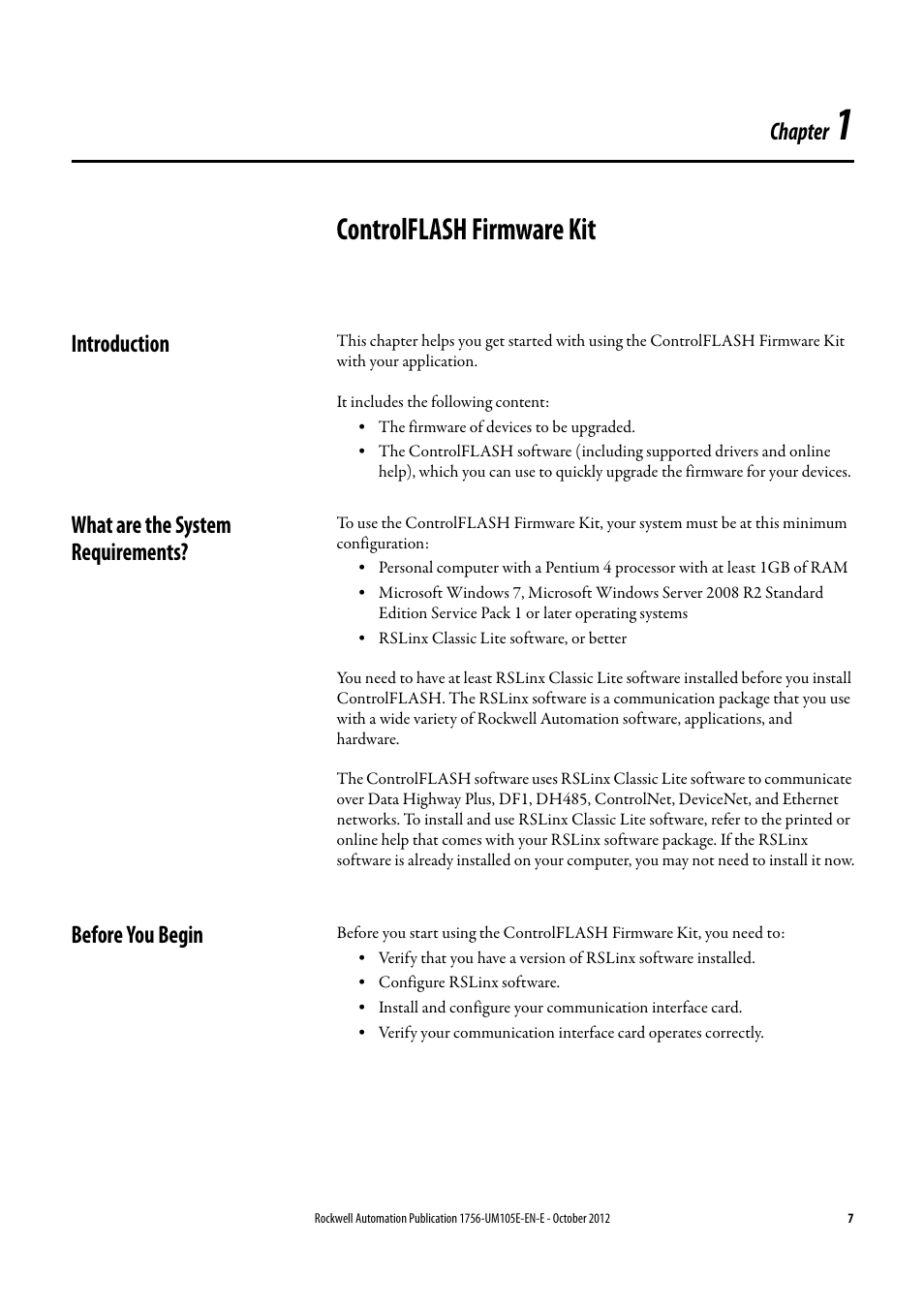 Controlflash firmware kit, Introduction, What are the system requirements | Before you begin, Chapter | Rockwell Automation ControlFLASH Firmware Upgrade Kit User Manual User Manual | Page 7 / 50