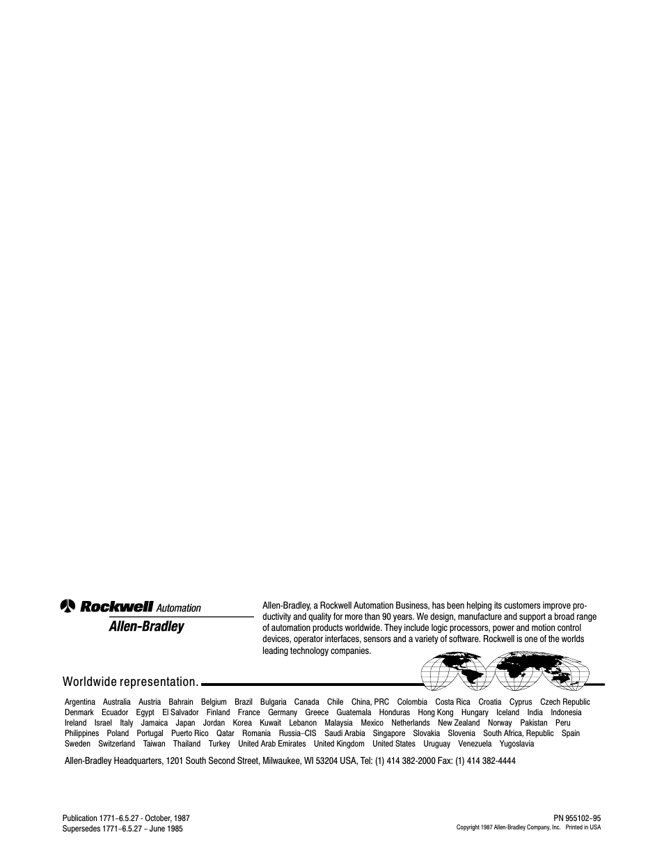 Back cover, Worldwide representation | Rockwell Automation 1771-DCM USER MANUAL 1771-DCM User Manual | Page 54 / 54