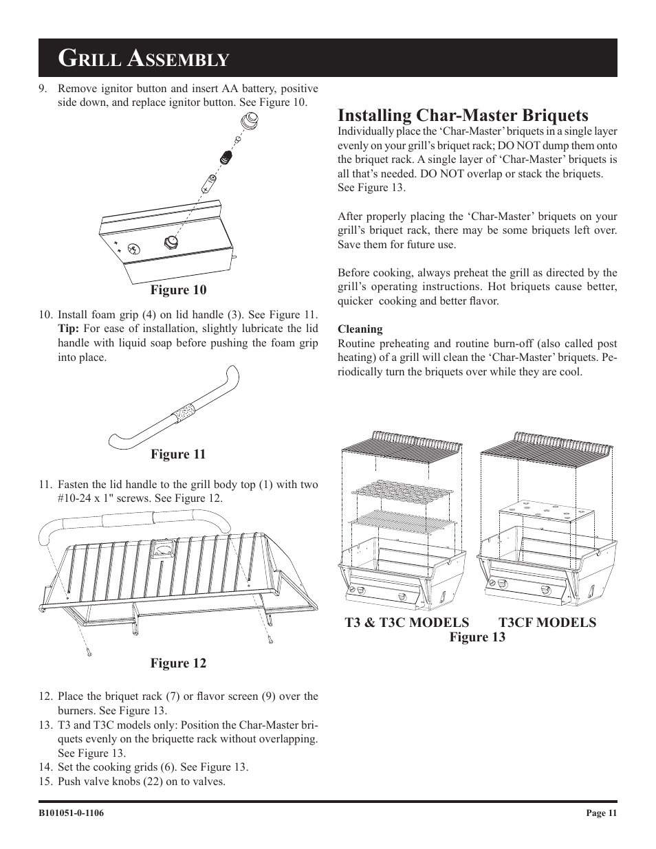 Rill, Ssembly installing char-master briquets | Broilmaster T3N-1 T3C-1 User Manual | Page 11 / 24