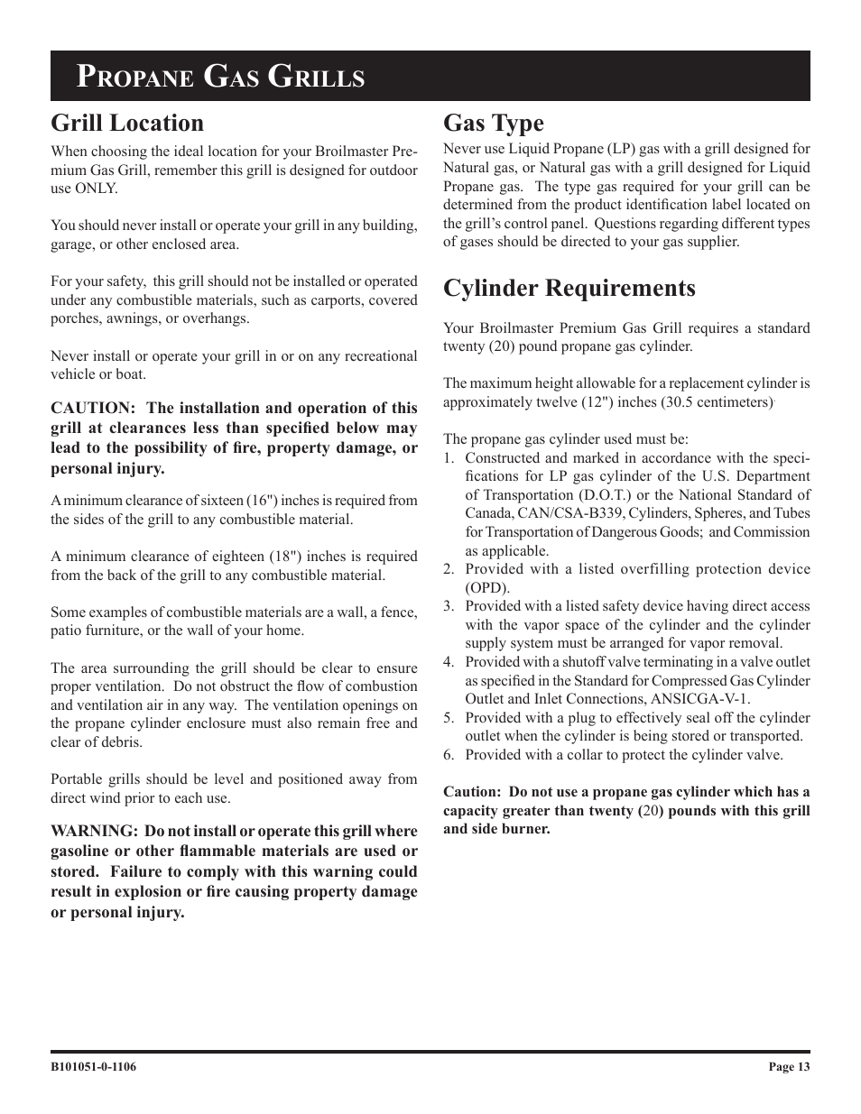 Cylinder requirements, Gas type grill location, Ropane | Rills | Broilmaster T3N-1 T3C-1 User Manual | Page 13 / 24