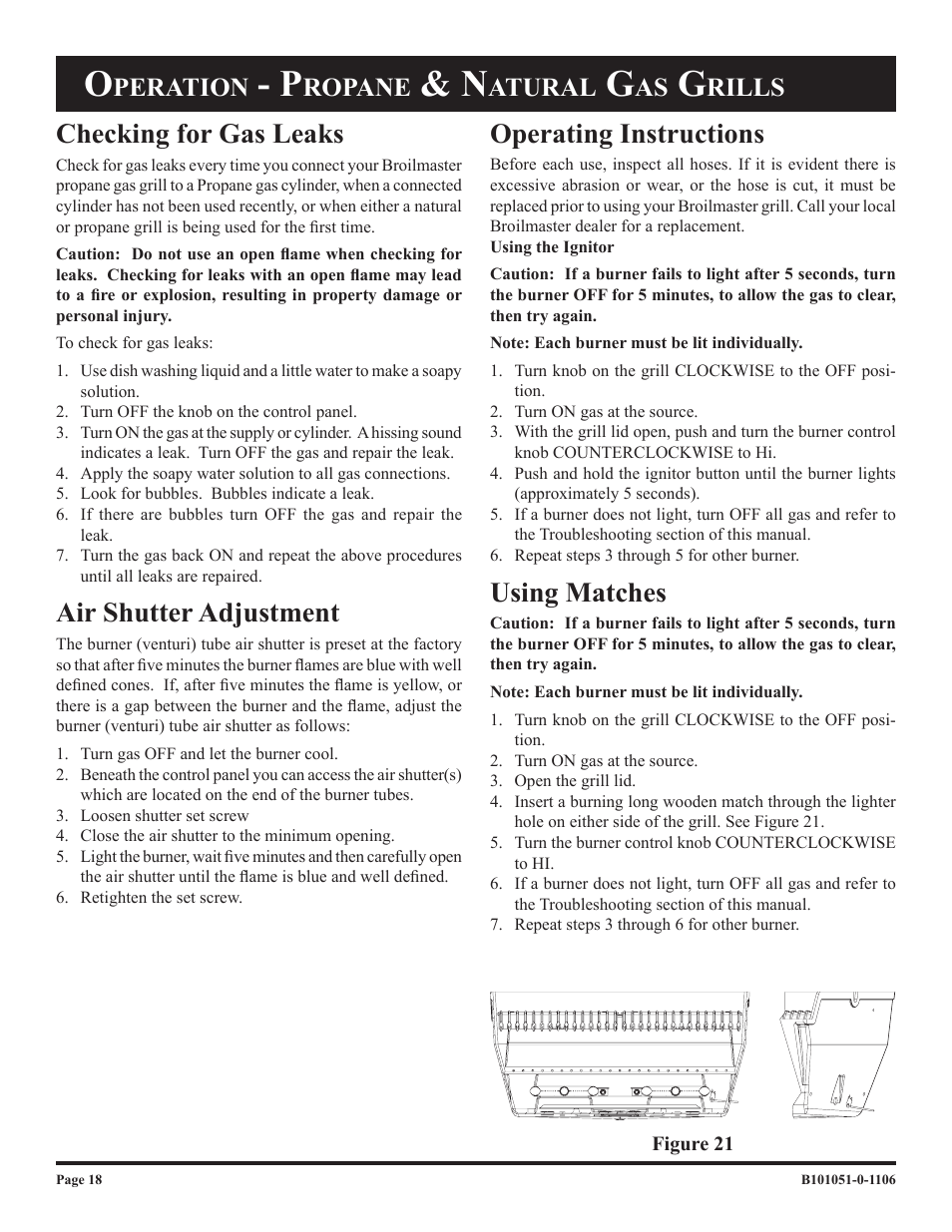 Checking for gas leaks, Air shutter adjustment, Operating instructions | Using matches, Peration, Ropane, Atural, Rills | Broilmaster T3N-1 T3C-1 User Manual | Page 18 / 24