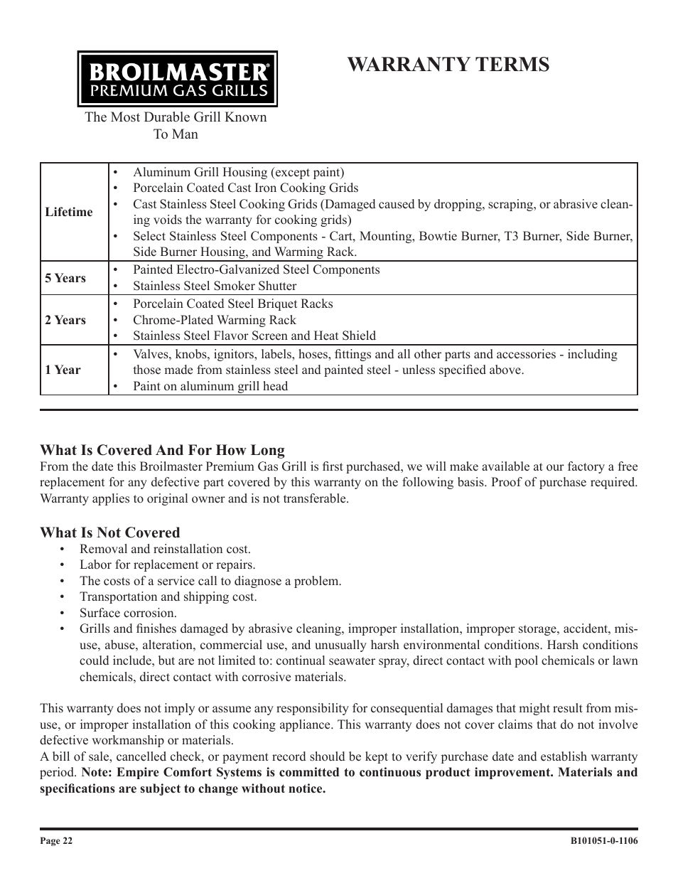 Warranty terms | Broilmaster T3N-1 T3C-1 User Manual | Page 22 / 24