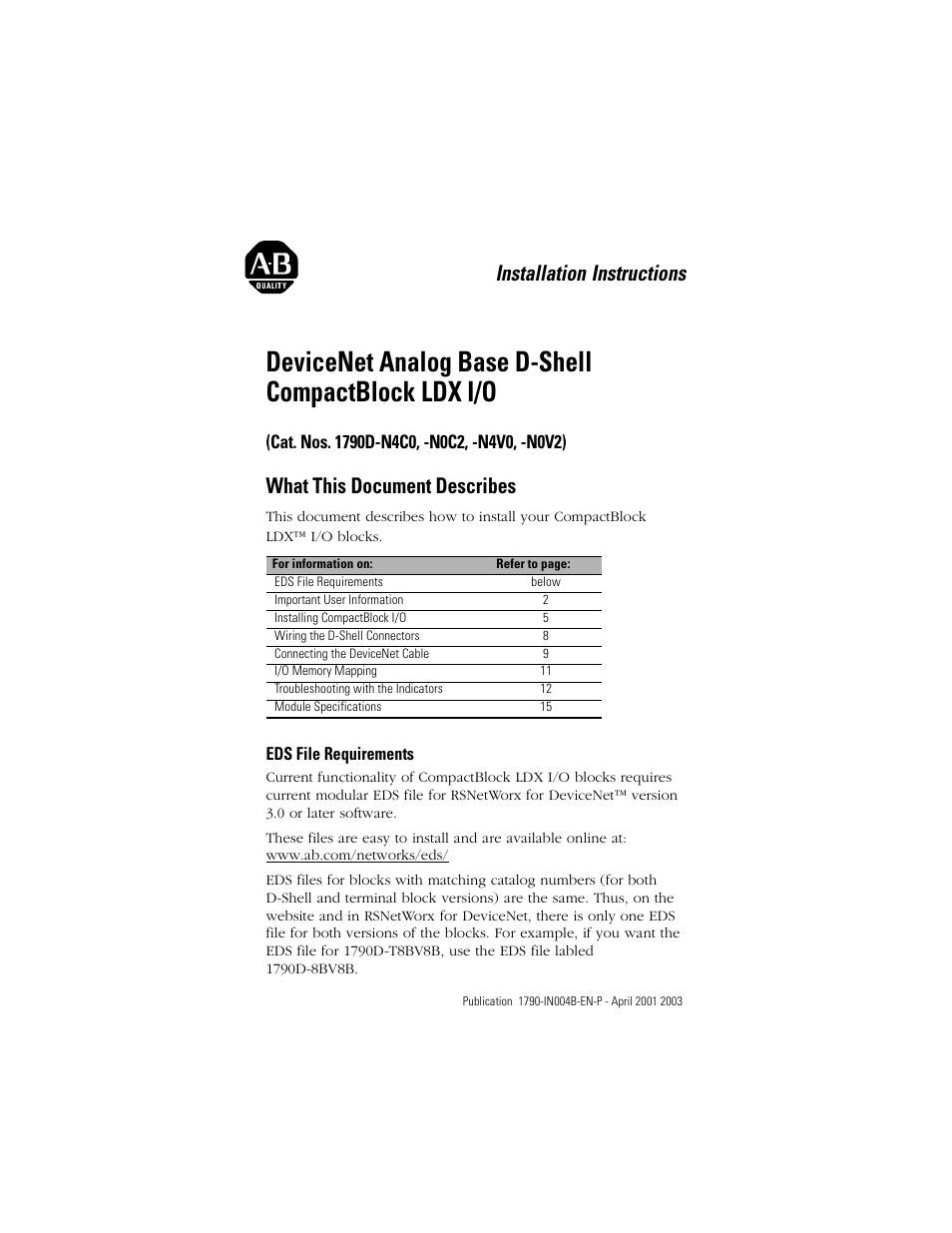 Rockwell Automation 1790D-XXXX DeviceNet Analog Base D-Shell CompactBlock LDX I/O  User Manual | 24 pages