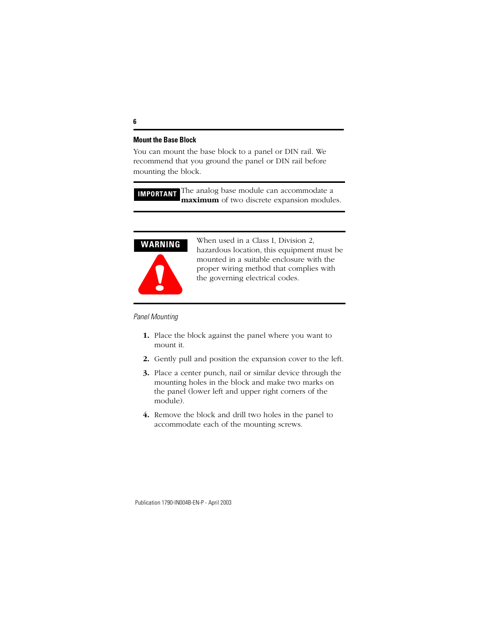 Mount the base block | Rockwell Automation 1790D-XXXX DeviceNet Analog Base D-Shell CompactBlock LDX I/O  User Manual | Page 6 / 24