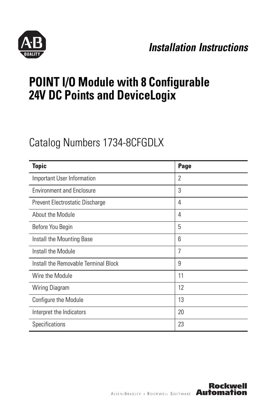Rockwell Automation 1734-8CFGDLX POINT I/O Module with 8 Configurable 24V DC Points and DeviceLogix IN User Manual | 28 pages