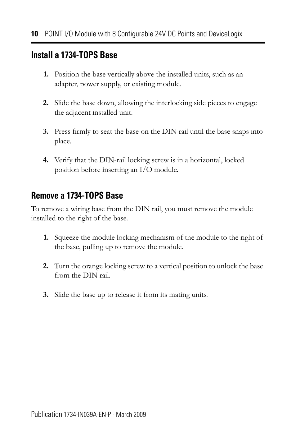 Install a 1734-tops base, Remove a 1734-tops base | Rockwell Automation 1734-8CFGDLX POINT I/O Module with 8 Configurable 24V DC Points and DeviceLogix IN User Manual | Page 10 / 28