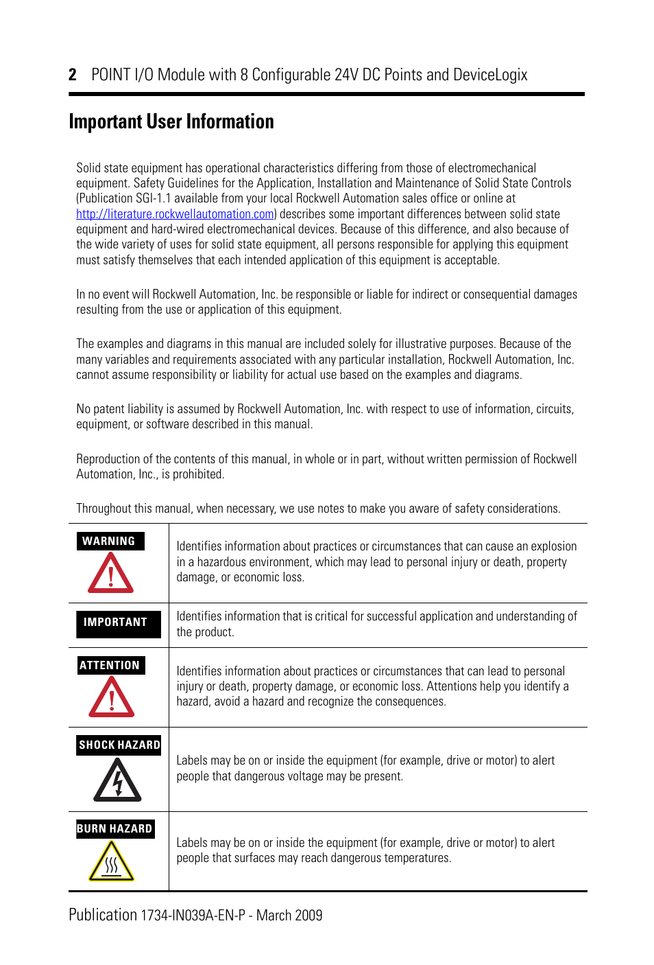 Important user information | Rockwell Automation 1734-8CFGDLX POINT I/O Module with 8 Configurable 24V DC Points and DeviceLogix IN User Manual | Page 2 / 28