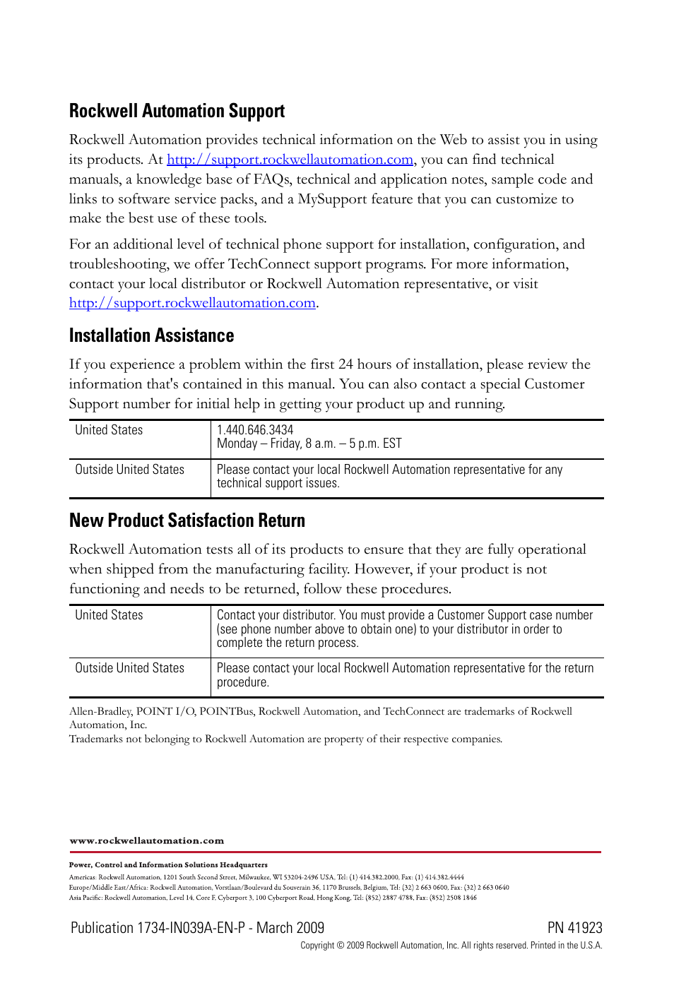 Back cover, Rockwell automation support, Installation assistance | New product satisfaction return | Rockwell Automation 1734-8CFGDLX POINT I/O Module with 8 Configurable 24V DC Points and DeviceLogix IN User Manual | Page 28 / 28