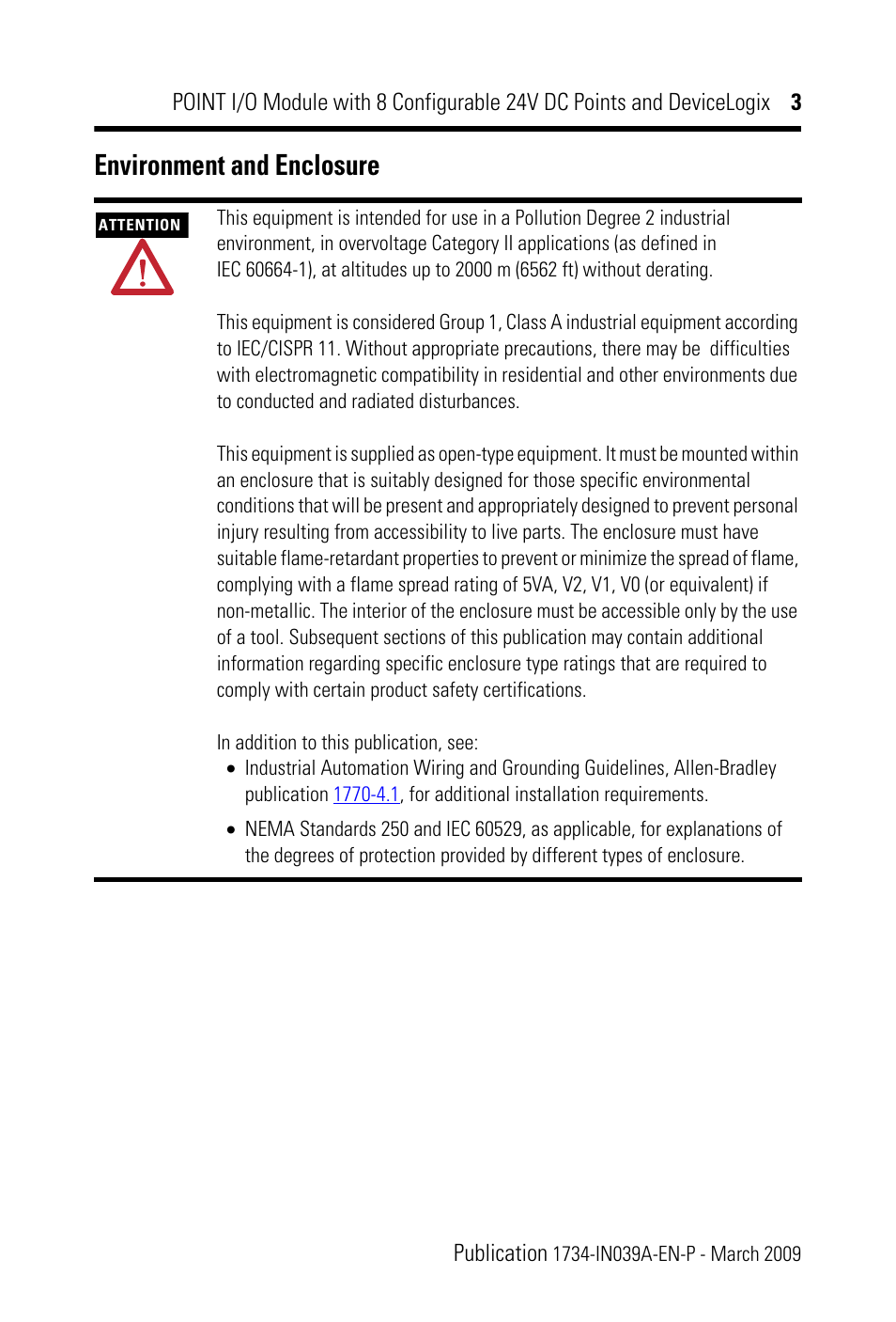 Environment and enclosure | Rockwell Automation 1734-8CFGDLX POINT I/O Module with 8 Configurable 24V DC Points and DeviceLogix IN User Manual | Page 3 / 28