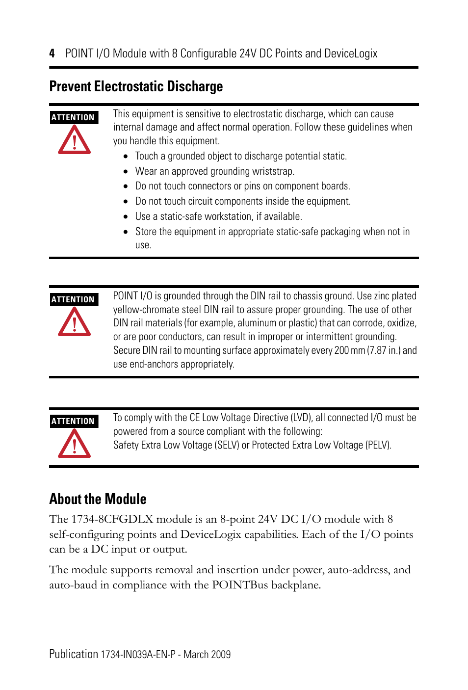 Prevent electrostatic discharge, About the module, Prevent electrostatic discharge about the module | Rockwell Automation 1734-8CFGDLX POINT I/O Module with 8 Configurable 24V DC Points and DeviceLogix IN User Manual | Page 4 / 28