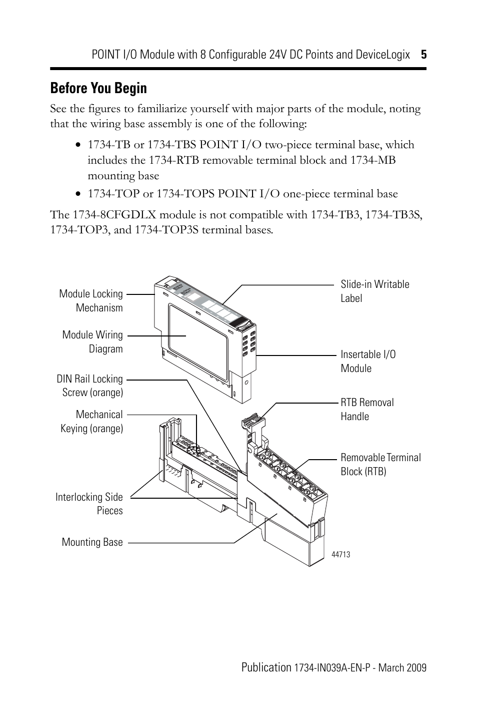 Before you begin, Rtb removal handle | Rockwell Automation 1734-8CFGDLX POINT I/O Module with 8 Configurable 24V DC Points and DeviceLogix IN User Manual | Page 5 / 28