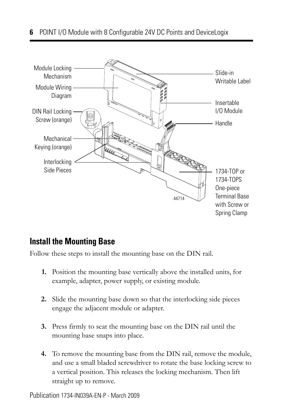 Install the mounting base | Rockwell Automation 1734-8CFGDLX POINT I/O Module with 8 Configurable 24V DC Points and DeviceLogix IN User Manual | Page 6 / 28