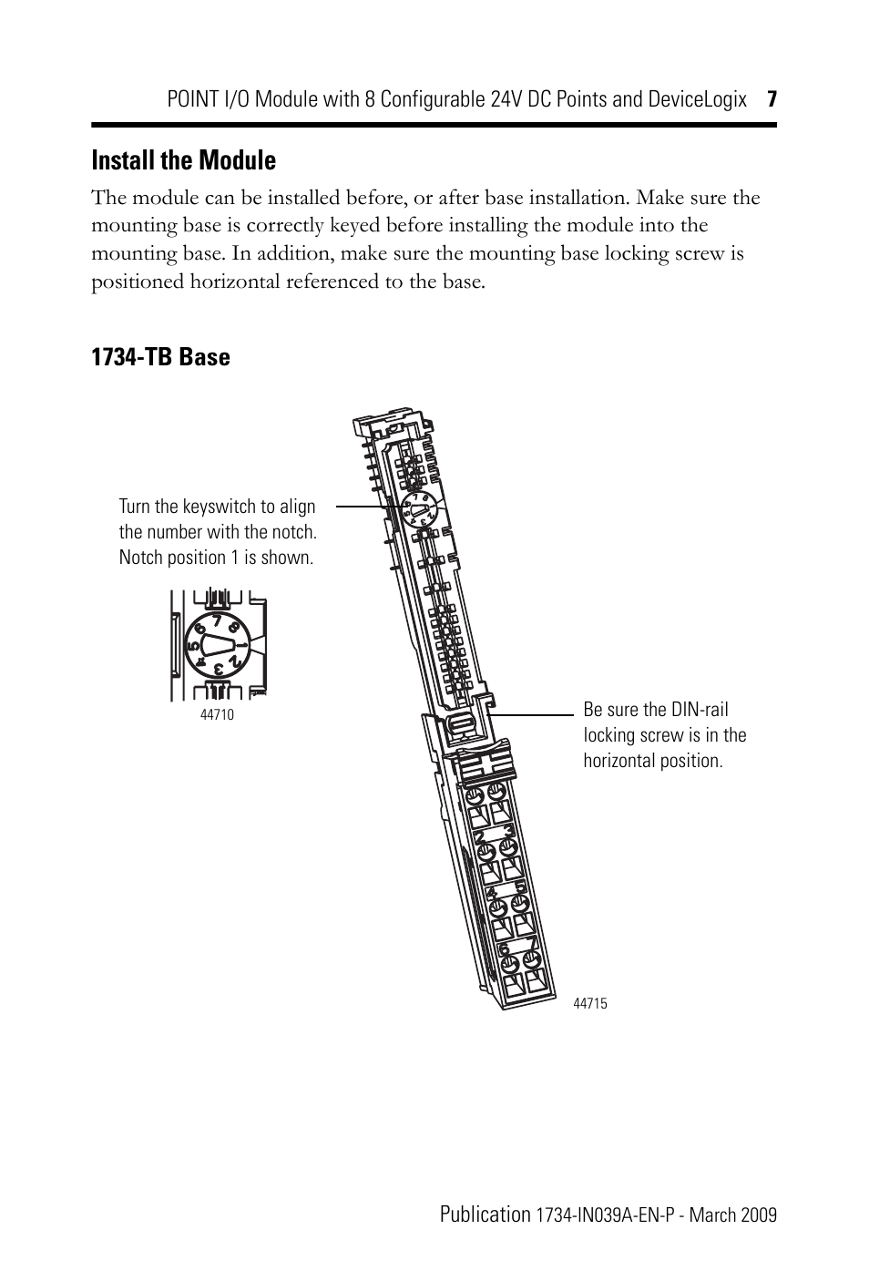Install the module, 1734-tb base | Rockwell Automation 1734-8CFGDLX POINT I/O Module with 8 Configurable 24V DC Points and DeviceLogix IN User Manual | Page 7 / 28