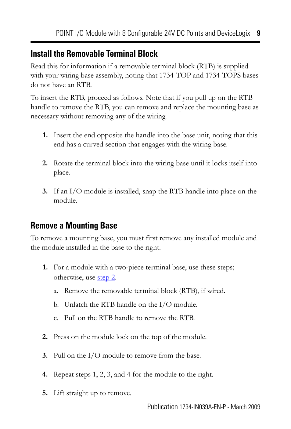 Install the removable terminal block, Remove a mounting base | Rockwell Automation 1734-8CFGDLX POINT I/O Module with 8 Configurable 24V DC Points and DeviceLogix IN User Manual | Page 9 / 28
