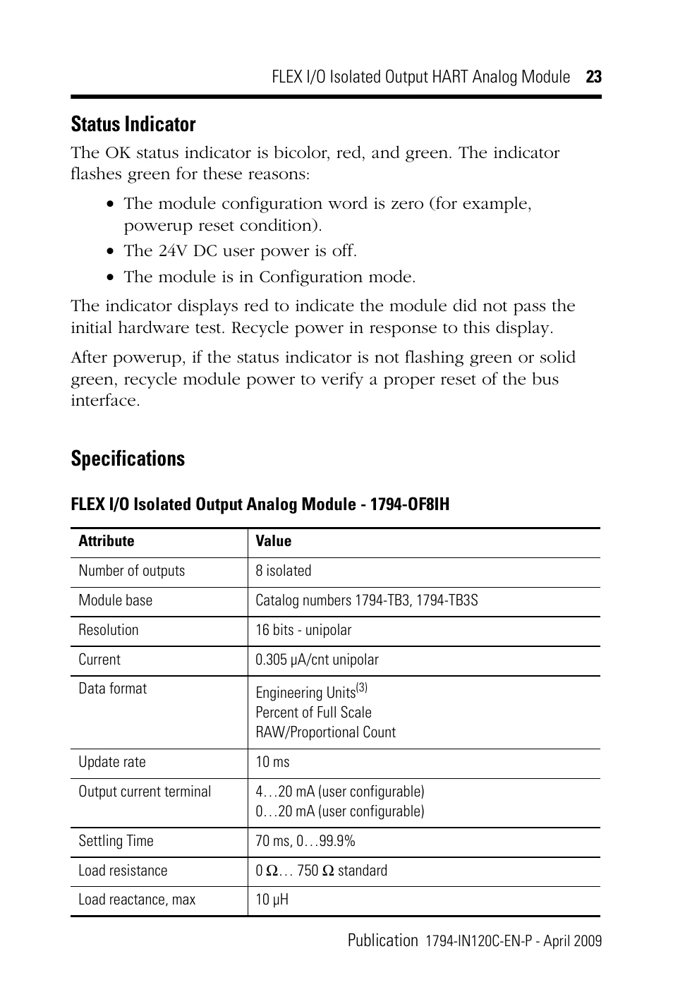 Status indicator, Specifications | Rockwell Automation 1794-OF8IH FLEX I/0 8 Isolated Output Analog Module User Manual | Page 23 / 28