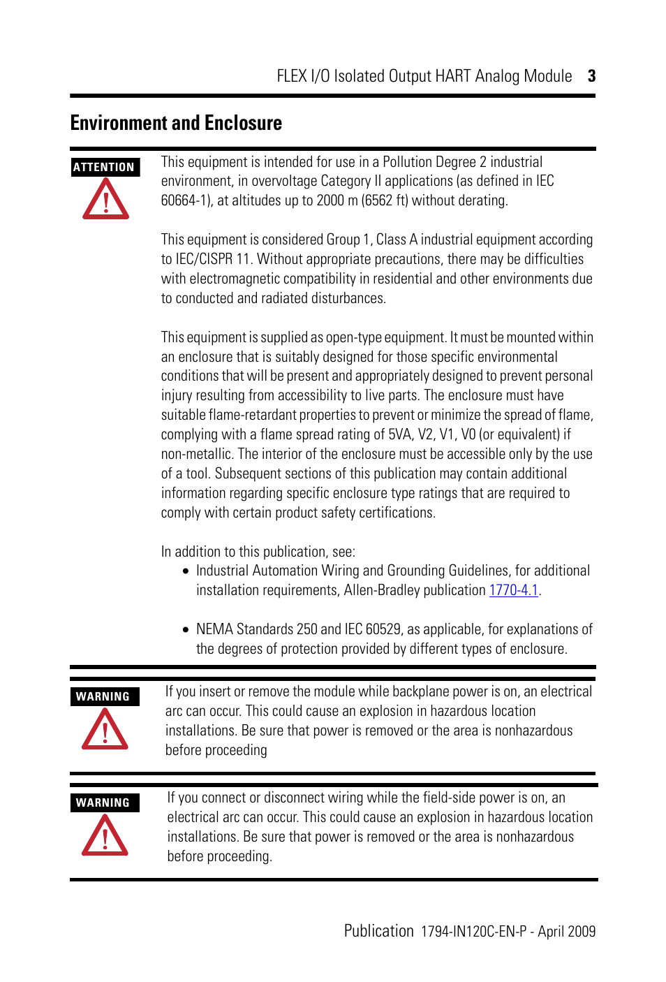 Environment and enclosure | Rockwell Automation 1794-OF8IH FLEX I/0 8 Isolated Output Analog Module User Manual | Page 3 / 28