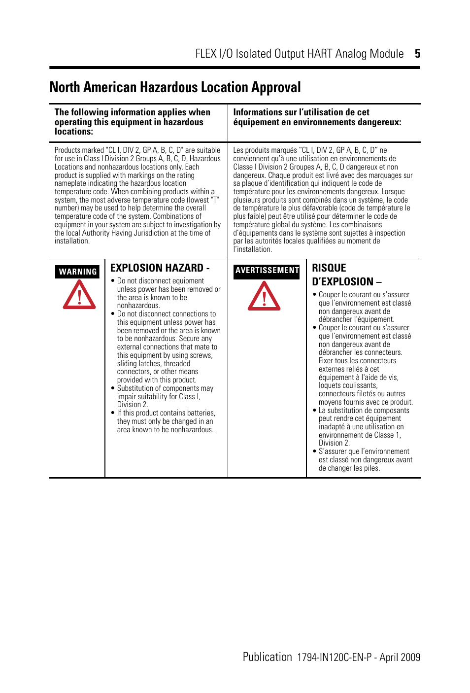 North american hazardous location approval | Rockwell Automation 1794-OF8IH FLEX I/0 8 Isolated Output Analog Module User Manual | Page 5 / 28