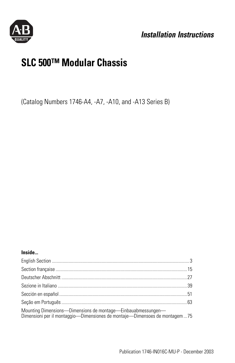 Rockwell Automation 1746-Ax SLC 500 Modular Chassis/ Instructions User Manual | 80 pages