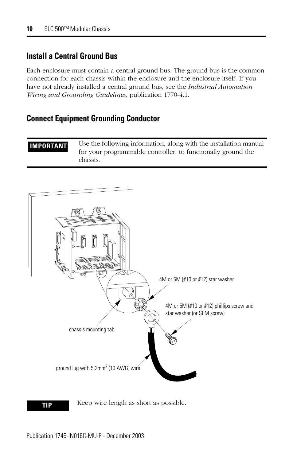 Install a central ground bus, Connect equipment grounding conductor | Rockwell Automation 1746-Ax SLC 500 Modular Chassis/ Instructions User Manual | Page 10 / 80