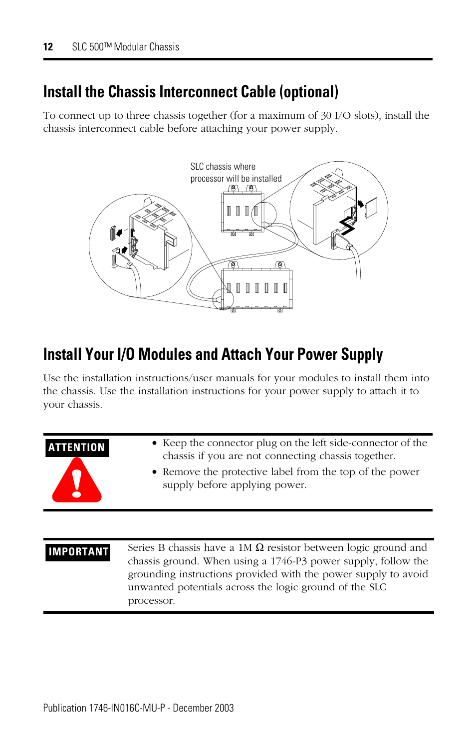 Install the chassis interconnect cable (optional) | Rockwell Automation 1746-Ax SLC 500 Modular Chassis/ Instructions User Manual | Page 12 / 80
