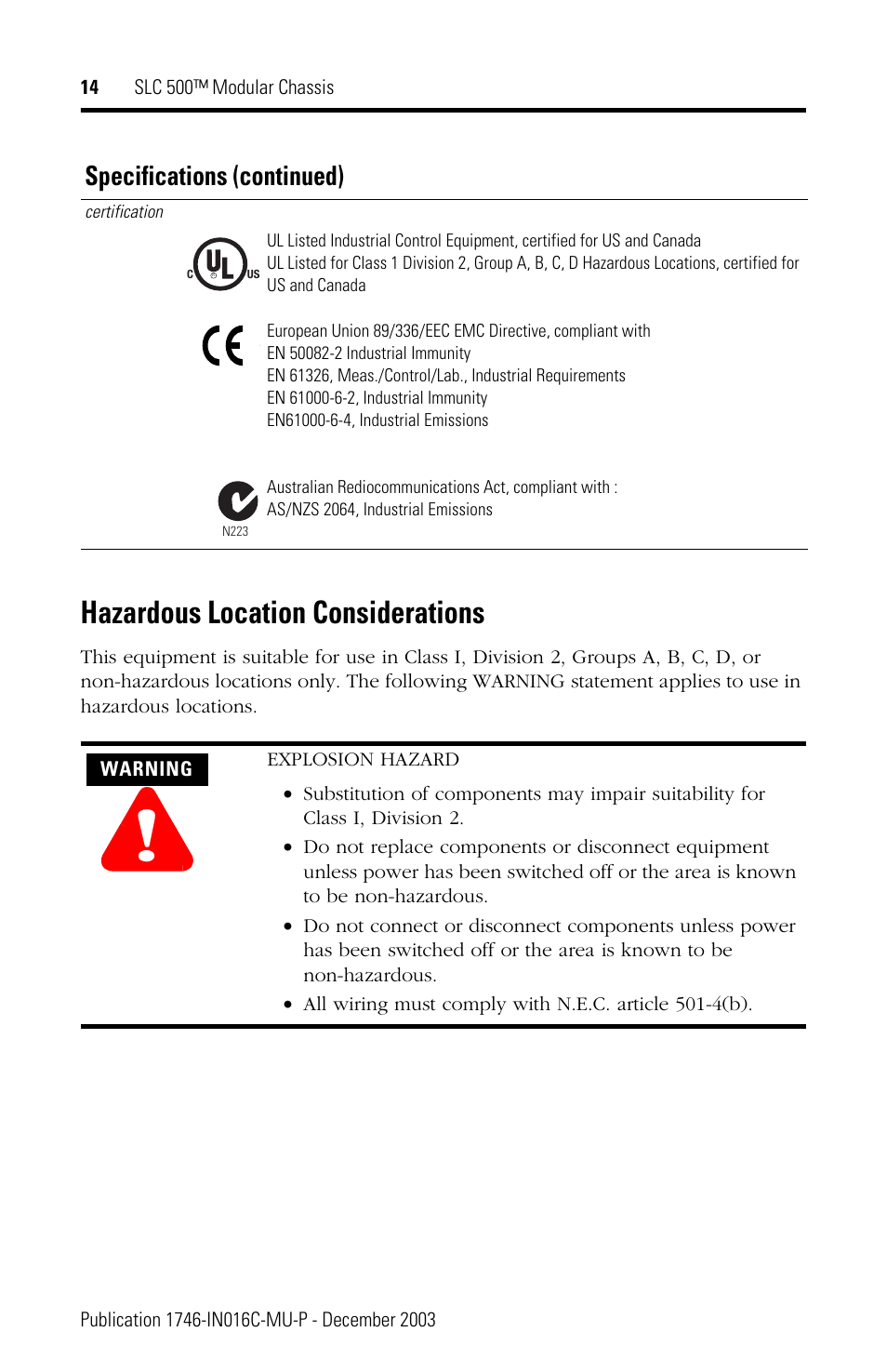 Hazardous location considerations, Specifications (continued) | Rockwell Automation 1746-Ax SLC 500 Modular Chassis/ Instructions User Manual | Page 14 / 80